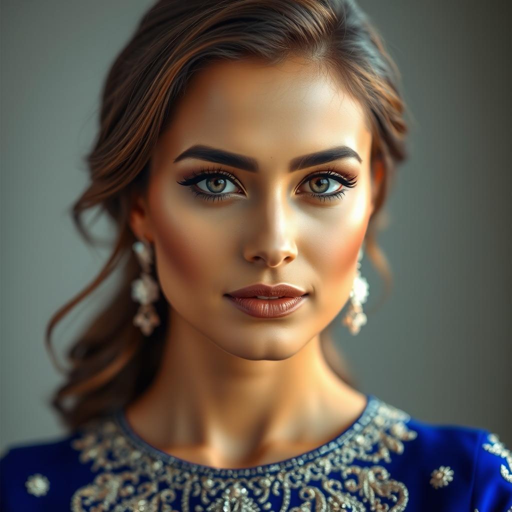 Create a high-resolution, realistic image of a confident, radiant Pakistani model with a sharp, clearly defined face