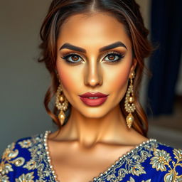 Create a high-resolution, realistic image of a confident, radiant Pakistani model with a sharp, clearly defined face