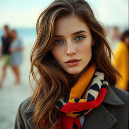 Create a high-resolution, realistic image of a woman in her mid-20s with long, wavy brunette hair and striking green eyes