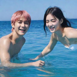 Kim Taehyung from BTS and Lisa Manoban from Black Pink joyfully playing in vibrant blue sea water under a bright sky.