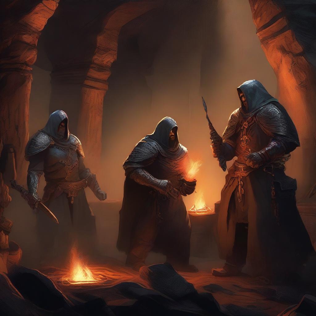 A group of master blacksmiths and rune-carved warriors gather around a glowing forge deep within a volcanic cavern, where molten metal flows like rivers of fire