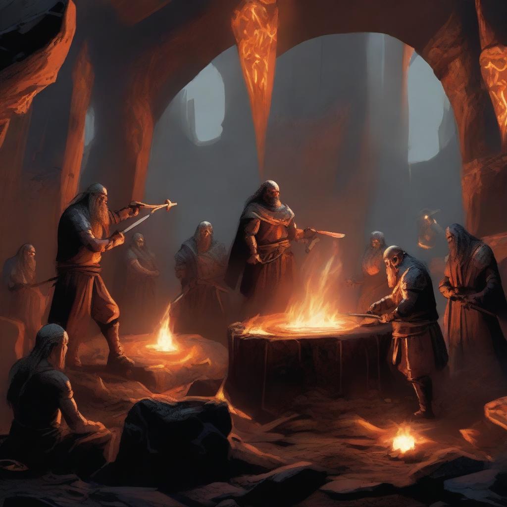 A group of master blacksmiths and rune-carved warriors gather around a glowing forge deep within a volcanic cavern, where molten metal flows like rivers of fire