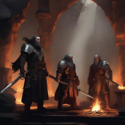 A group of master blacksmiths and rune-carved warriors gather around a glowing forge deep within a volcanic cavern, where molten metal flows like rivers of fire