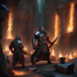 A group of master blacksmiths and rune-carved warriors gather around a glowing forge deep within a volcanic cavern, where molten metal flows like rivers of fire