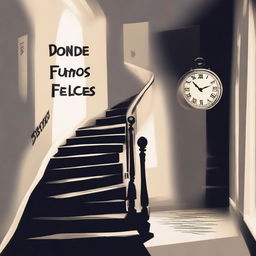 Create an image with the text 'DONDE FUIMOS FELICES' and in the background a dark room with stairs and clocks symbolizing depression