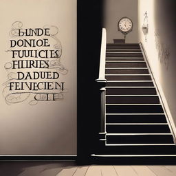 Create an image with the text 'DONDE FUIMOS FELICES' and in the background a dark room with stairs and clocks symbolizing depression