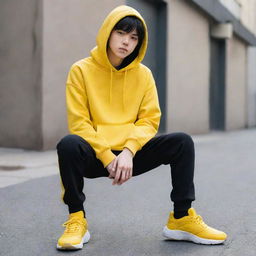 Anime boy dressed in a vibrant yellow hoodie, black pants, and coordinating yellow shoes