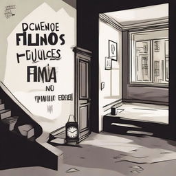 Create an image with the text 'DONDE FUIMOS FELICES' and in the background a dark room with stairs and clocks symbolizing depression