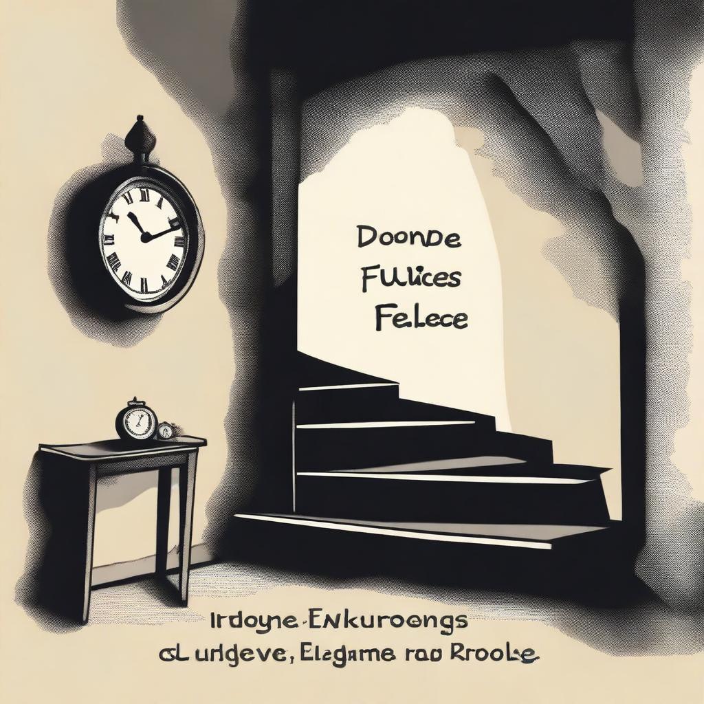 Create an image with the text 'DONDE FUIMOS FELICES' and in the background a dark room with stairs and clocks symbolizing depression