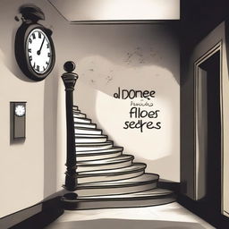 Create an image with the text 'DONDE FUIMOS FELICES' in Spanish, and in the background a dark room with stairs and clocks symbolizing depression