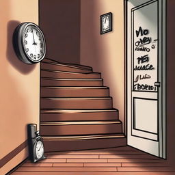 Create an image with the text 'DONDE FUIMOS FELICES' in Spanish, and in the background a dark room with stairs and clocks symbolizing depression