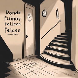 Create an image with the text 'DONDE FUIMOS FELICES' in Spanish, and in the background a dark room with stairs and clocks symbolizing depression