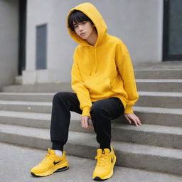 Anime boy dressed in a vibrant yellow hoodie, black pants, and coordinating yellow shoes