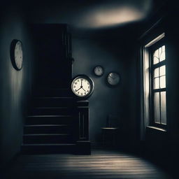 Create an image with a dark room in the background, featuring stairs and clocks that symbolize depression