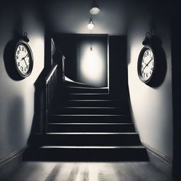 Create an image with a dark room in the background, featuring stairs and clocks that symbolize depression