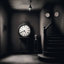 Create an image with a dark room in the background, featuring stairs and clocks that symbolize depression