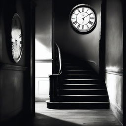 Create an image with a dark room in the background, featuring stairs and clocks that symbolize depression