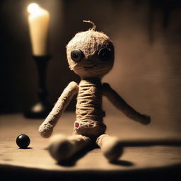 Create an image of a voodoo doll with buttons for eyes placed on a table in a dark room