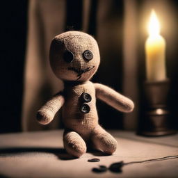 Create an image of a voodoo doll with buttons for eyes placed on a table in a dark room