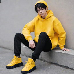 Anime boy dressed in a vibrant yellow hoodie, black pants, and coordinating yellow shoes