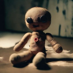 Create an image of a voodoo doll with buttons for eyes placed on a table in a dark room