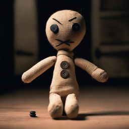 Create an image of a voodoo doll with buttons for eyes placed on a table in a dark room