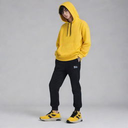 Anime boy dressed in a vibrant yellow hoodie, black pants, and coordinating yellow shoes