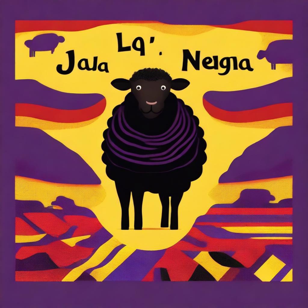 Create an image with the text 'LA OVEJA NEGRA' and in the background a black sheep with fabrics in the colors of the Spanish Republic: yellow, red, and purple