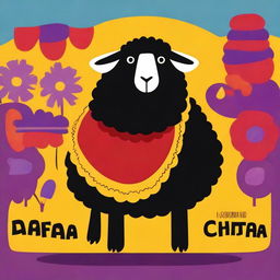 Create an image with the text 'LA OVEJA NEGRA' and in the background a black sheep with fabrics in the colors of the Spanish Republic: yellow, red, and purple