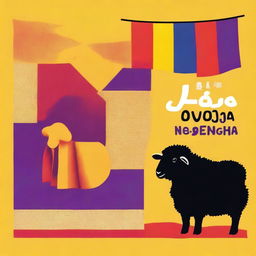 Create an image with the text 'LA OVEJA NEGRA' and in the background a black sheep with fabrics in the colors of the Spanish Republic: yellow, red, and purple