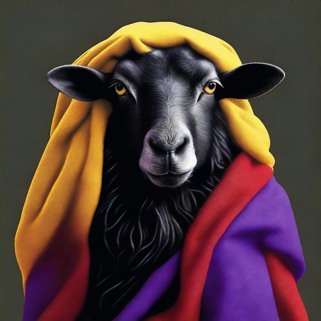 Create a realistic image of a black sheep draped with fabrics in the colors of the republic: yellow, red, and purple