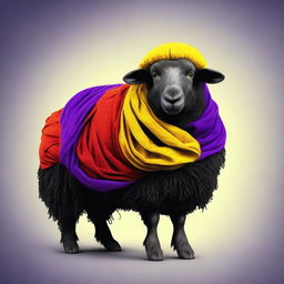 Create a realistic image of a black sheep draped with fabrics in the colors of the republic: yellow, red, and purple