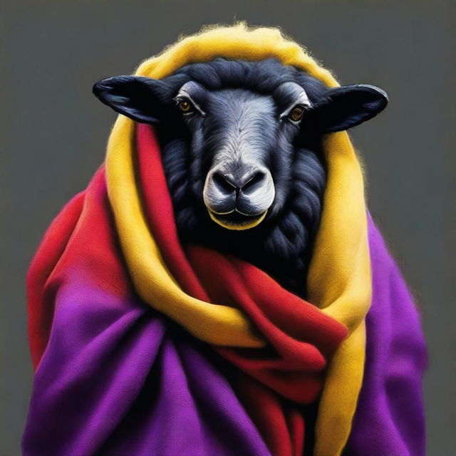 Create a realistic image of a black sheep draped with fabrics in the colors of the republic: yellow, red, and purple