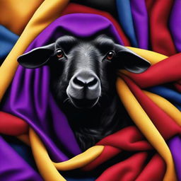 Create a realistic image of a black sheep draped with fabrics in the colors of the republic: yellow, red, and purple