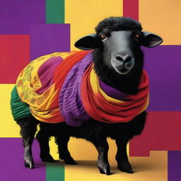 Create a realistic image of a black sheep adorned with fabrics in the colors of the Spanish Republic: yellow, red, and purple