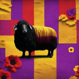 Create a realistic image of a black sheep adorned with fabrics in the colors of the Spanish Republic: yellow, red, and purple