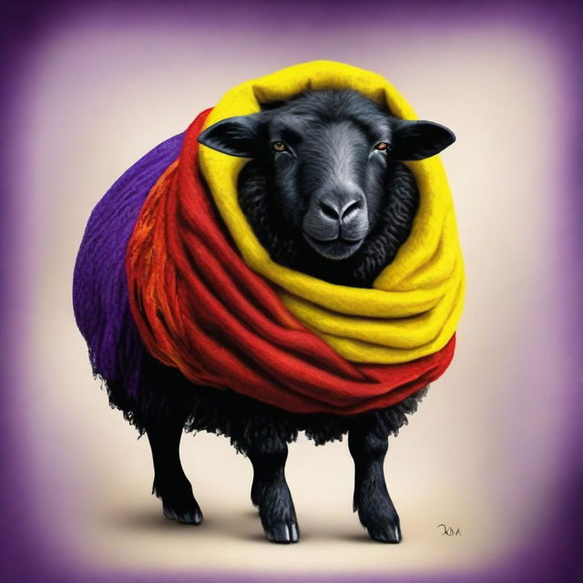 Create a realistic image of a black sheep adorned with fabrics in the colors of the Spanish Republic: yellow, red, and purple