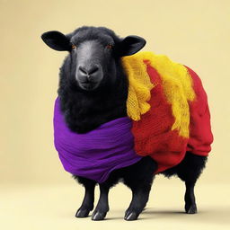 Create a realistic image of a black sheep adorned with fabrics in the colors of the Spanish Republic: yellow, red, and purple