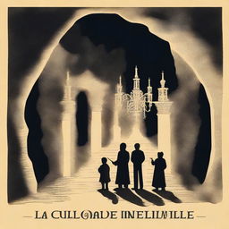 Create an image with the text 'LA CIUDAD INVISIBLE' and in the background, a cave with people holding candelabras