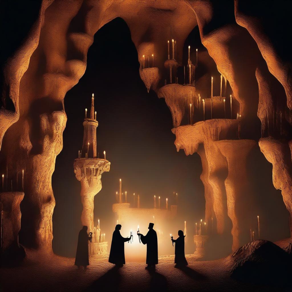 Create an image with a cave background featuring stalactites and people holding candelabras