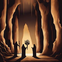 Create an image with a cave background featuring stalactites and people holding candelabras