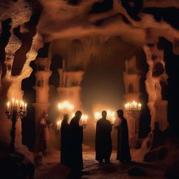 Create an image with a cave background featuring stalactites and people holding candelabras