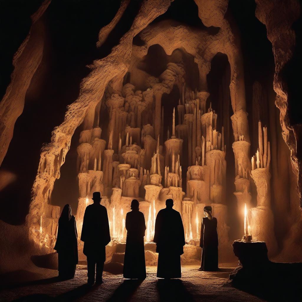 Create an image with a cave background featuring stalactites and people holding candelabras