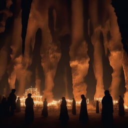 Create an image with a background of a cavern filled with stalactites and people holding candelabras