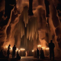 Create an image with a background of a cavern filled with stalactites and people holding candelabras