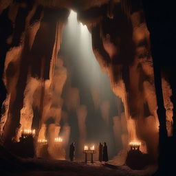 Create an image with a background of a cavern filled with stalactites and people holding candelabras