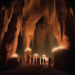 Create an image with a background of a cavern filled with stalactites and people holding candelabras