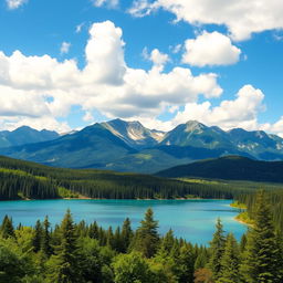 A beautiful landscape featuring a serene lake surrounded by lush green forests and majestic mountains under a clear blue sky with fluffy white clouds