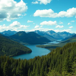 A beautiful landscape featuring a serene lake surrounded by lush green forests and majestic mountains under a clear blue sky with fluffy white clouds