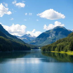 A beautiful landscape featuring a serene lake surrounded by lush green forests and majestic mountains under a clear blue sky with fluffy white clouds